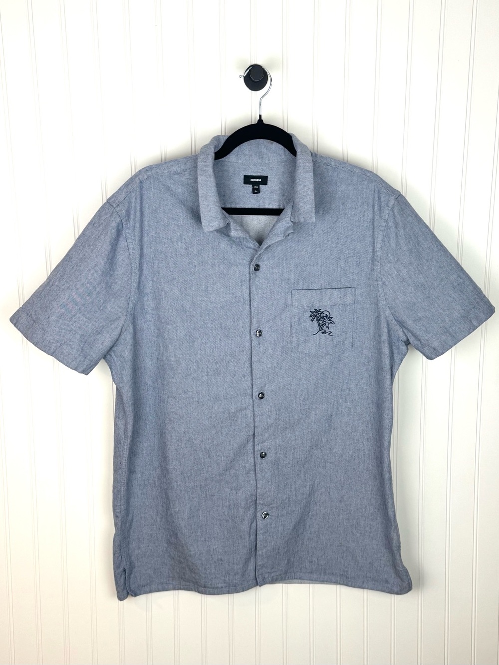 Express Linen Blend Button Up Shirt Mens L Tall Gray Short Sleeve Casual Beach
